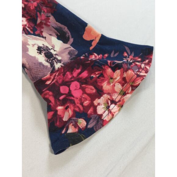 Threads Studio Womens Navy Floral Bell Sleeve Top 3/4 Ruffle Shirt Medium - Picture 4 of 10